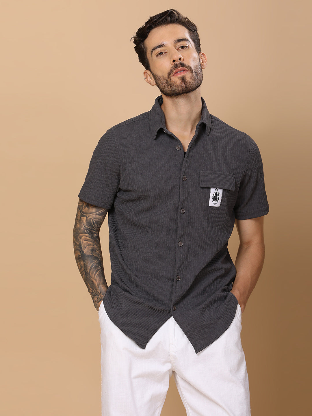 Men’s Casual Half-Sleeve Regular Fit Shirt – Textured Fabric, Curved Hem, Fake Pocket Flap - Dk Grey
