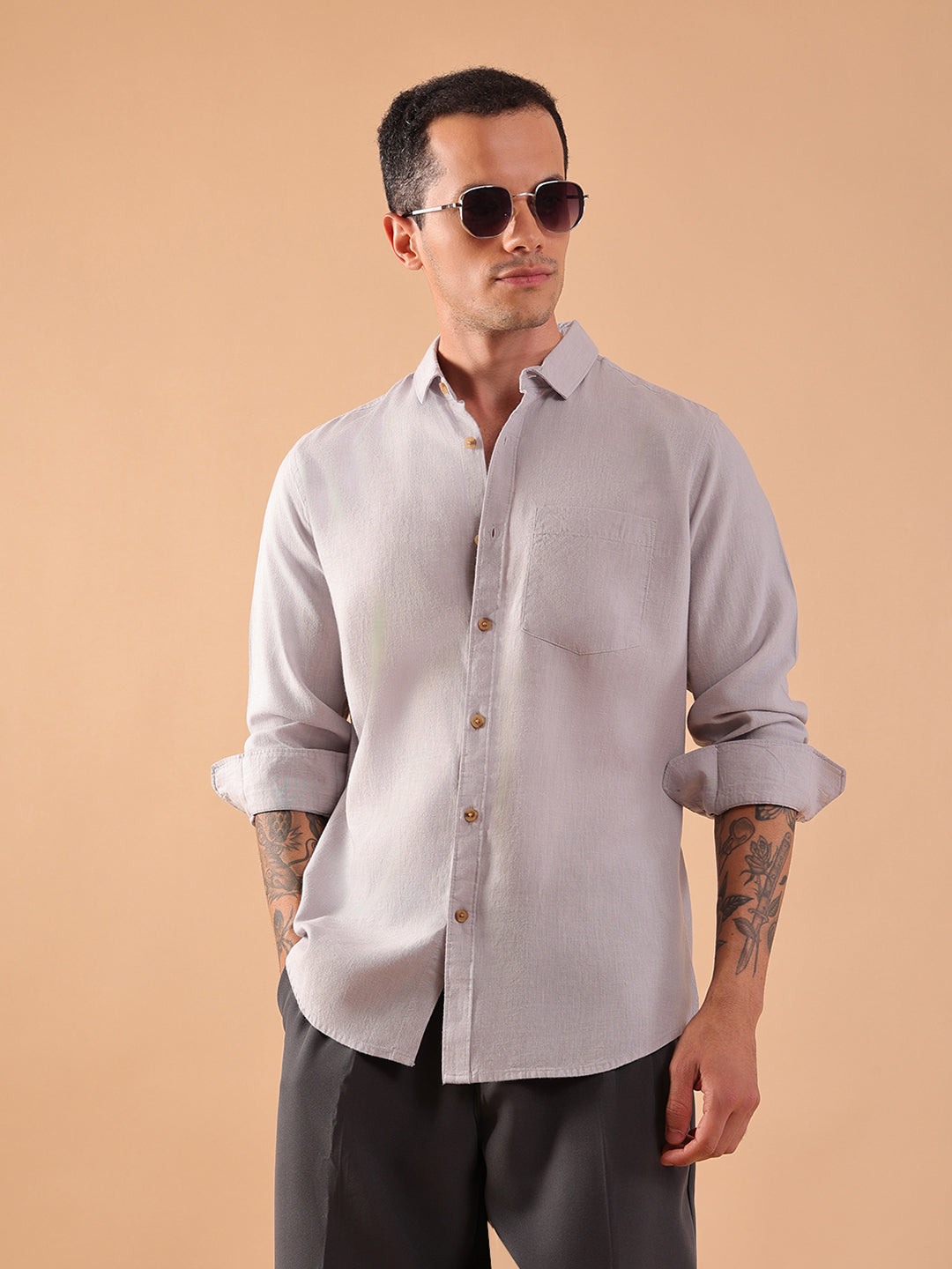 Men's Pure Linen Full Sleeve Shirt - Regular Fit, Cutaway Collar - Grey