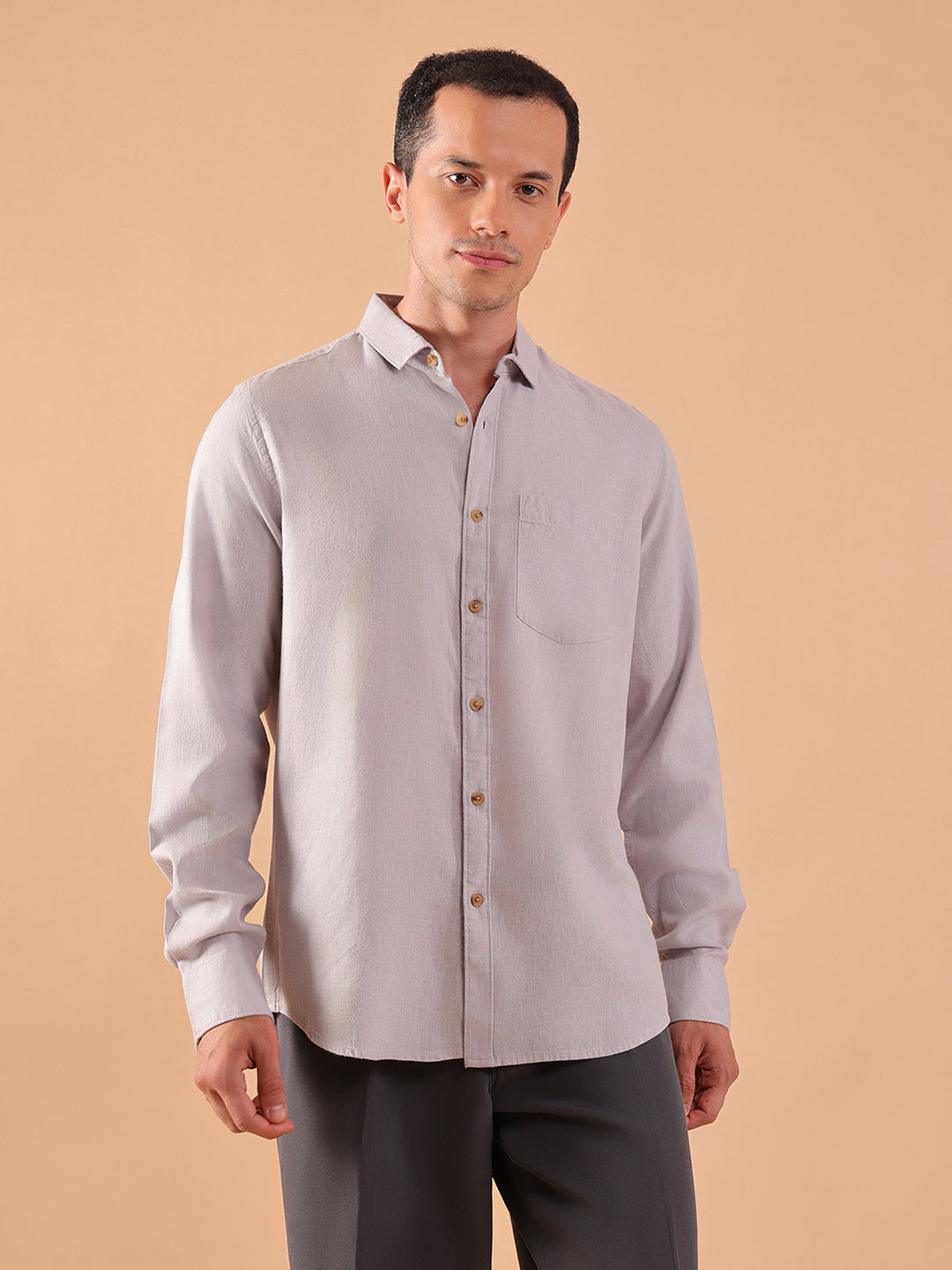 Men's Pure Linen Full Sleeve Shirt - Regular Fit, Cutaway Collar - Grey