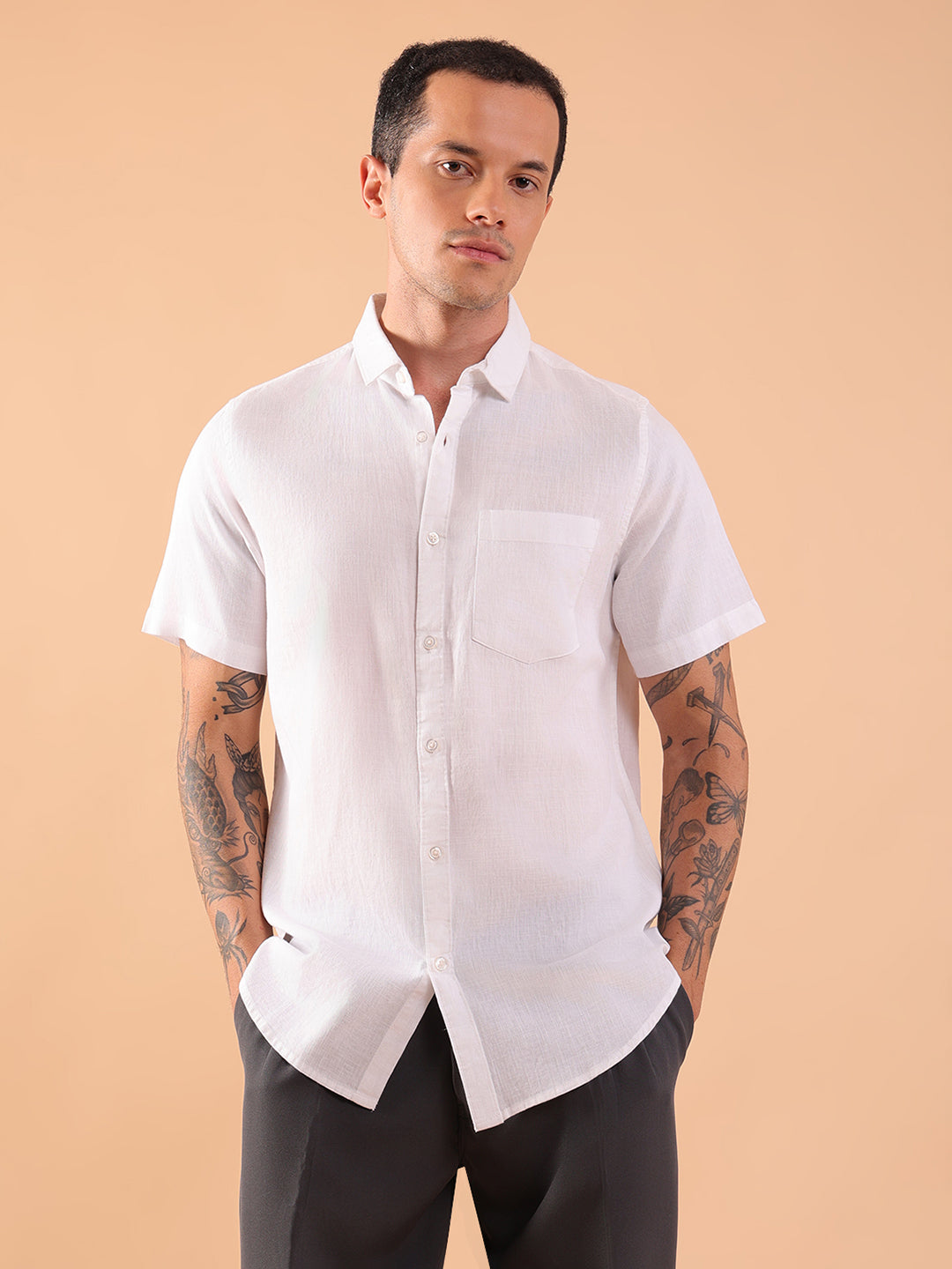 Cotton Linen Half Sleeve Shirt - Regular Fit - White