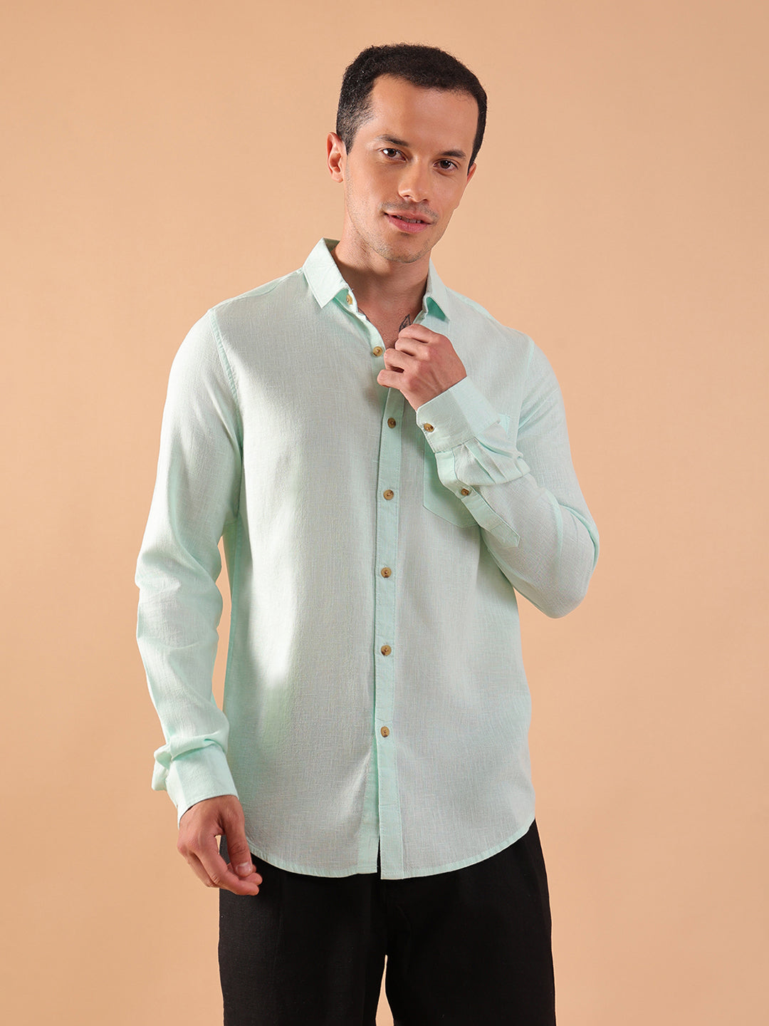 Men's Pure Linen Full Sleeve Shirt - Regular Fit, Cutaway Collar - Aqua