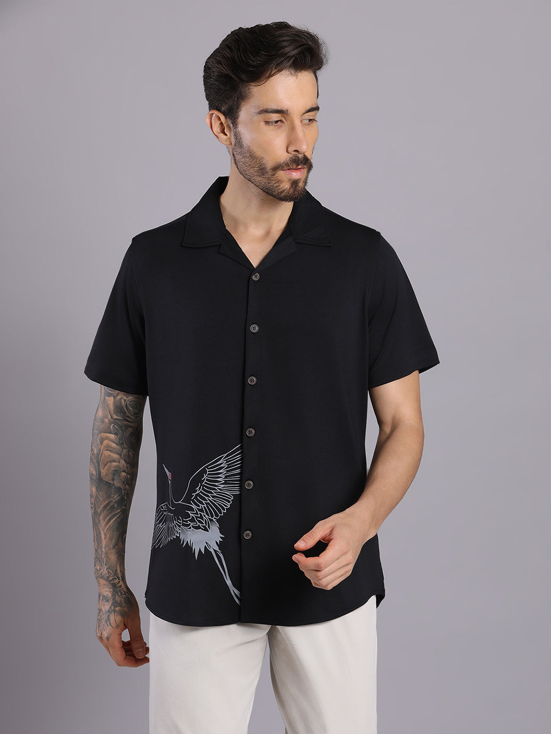 Opaque Printed Knitted Half Sleeve Shirt – Effortless Comfort & Style - Black