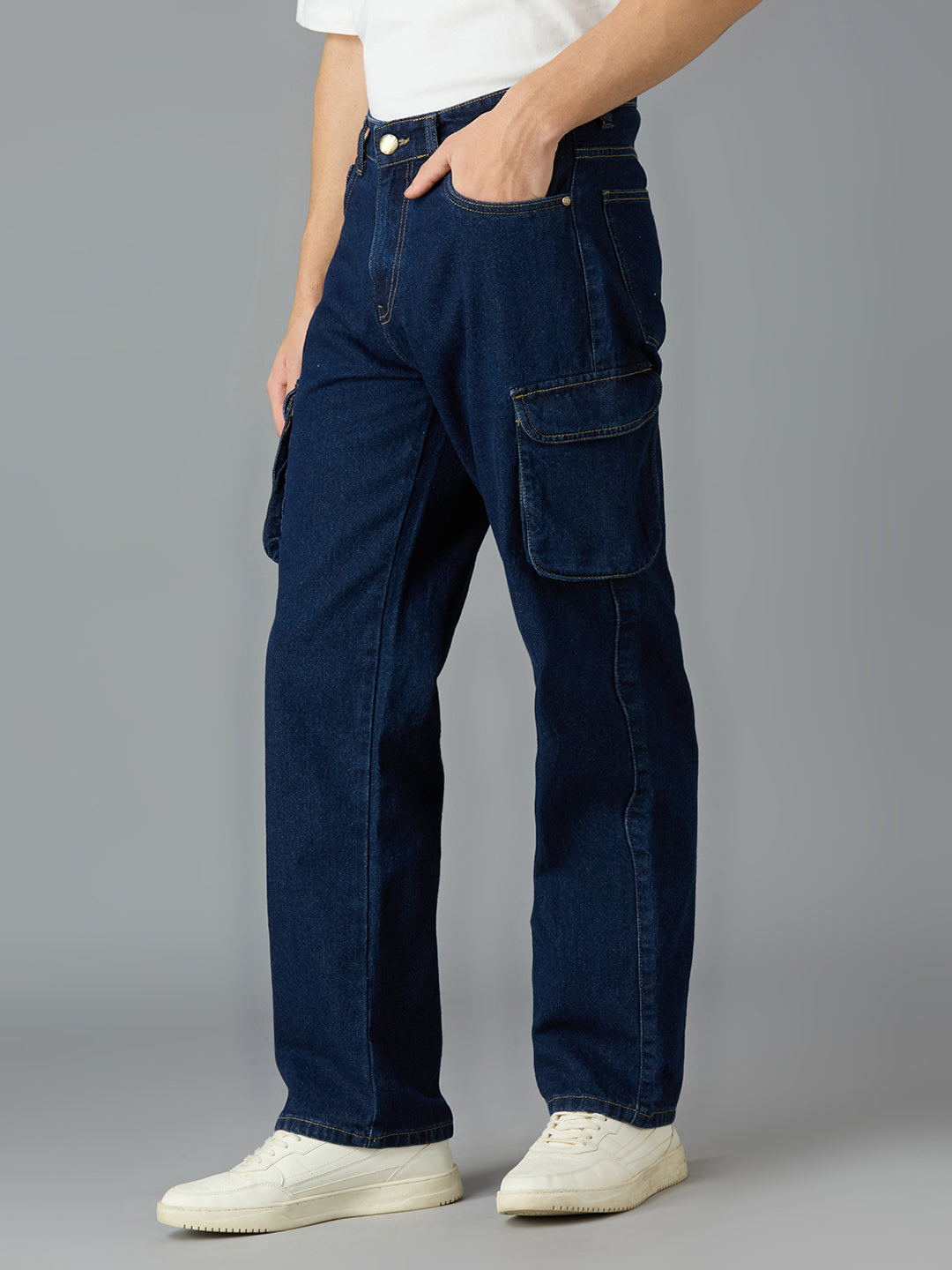 Men's Casual Wear Multi-pocket Regular Fit Navy Blue Cargo Jeans