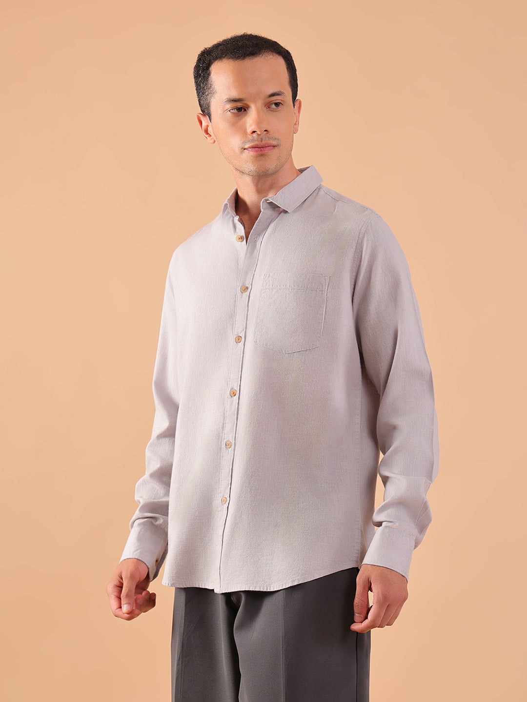 Men's Pure Linen Full Sleeve Shirt - Regular Fit, Cutaway Collar - Grey