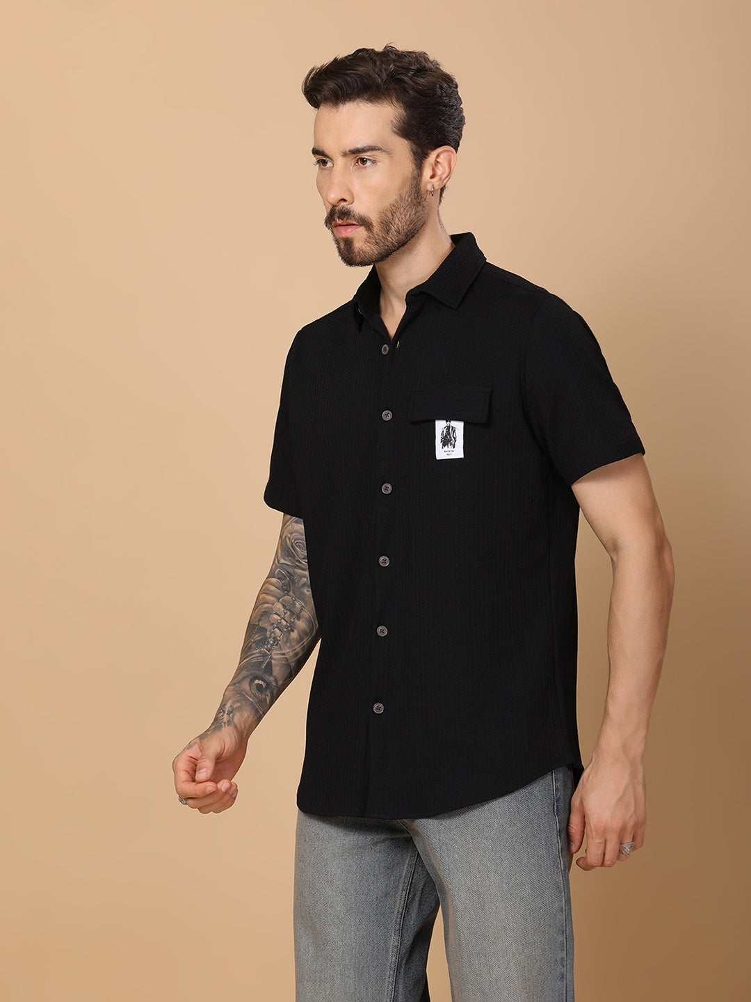 Men’s Casual Half-Sleeve Regular Fit Shirt – Textured Fabric, Curved Hem, Fake Pocket Flap - Black