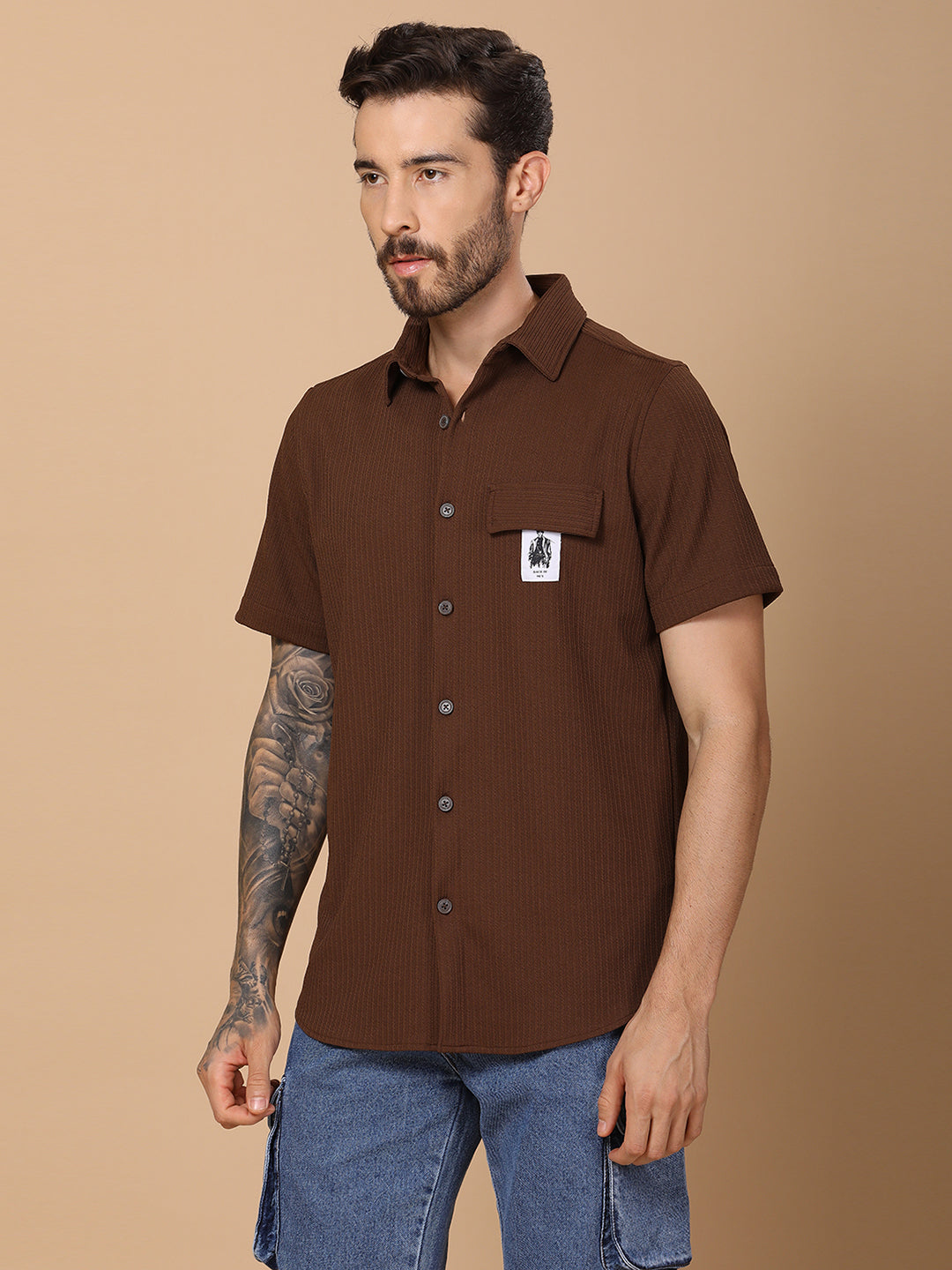 Men’s Casual Half-Sleeve Regular Fit Shirt – Textured Fabric, Curved Hem, Fake Pocket Flap - Brown