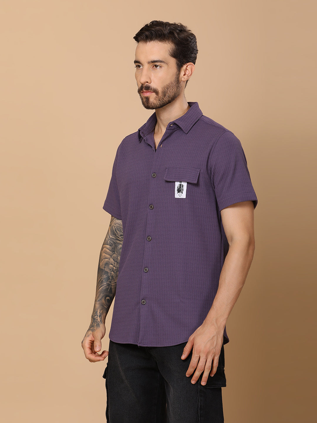 Men’s Casual Half-Sleeve Regular Fit Shirt – Textured Fabric, Curved Hem, Fake Pocket Flap - Purple