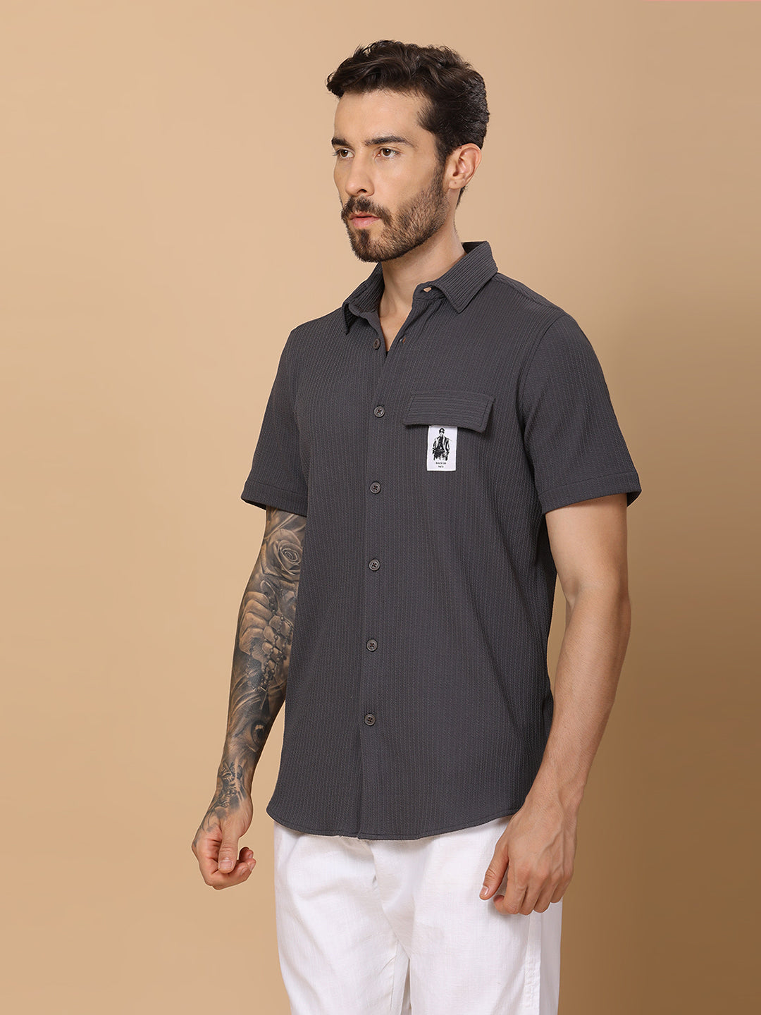 Men’s Casual Half-Sleeve Regular Fit Shirt – Textured Fabric, Curved Hem, Fake Pocket Flap - Dk Grey