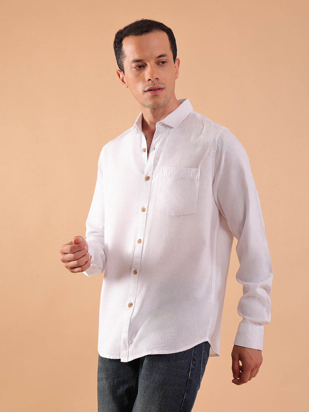 Men's Pure Linen Full Sleeve Shirt - Regular Fit, Cutaway Collar - White