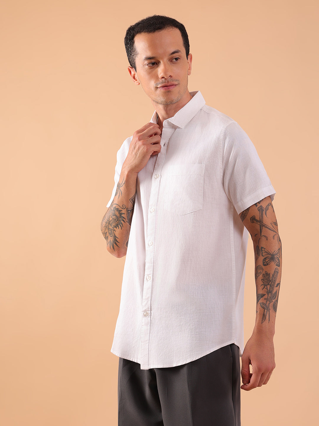 Cotton Linen Half Sleeve Shirt - Regular Fit - White