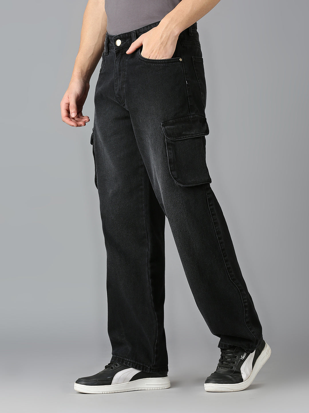 Men Stone wash Multi-pocket Cargo Jeans - Charcoal Black