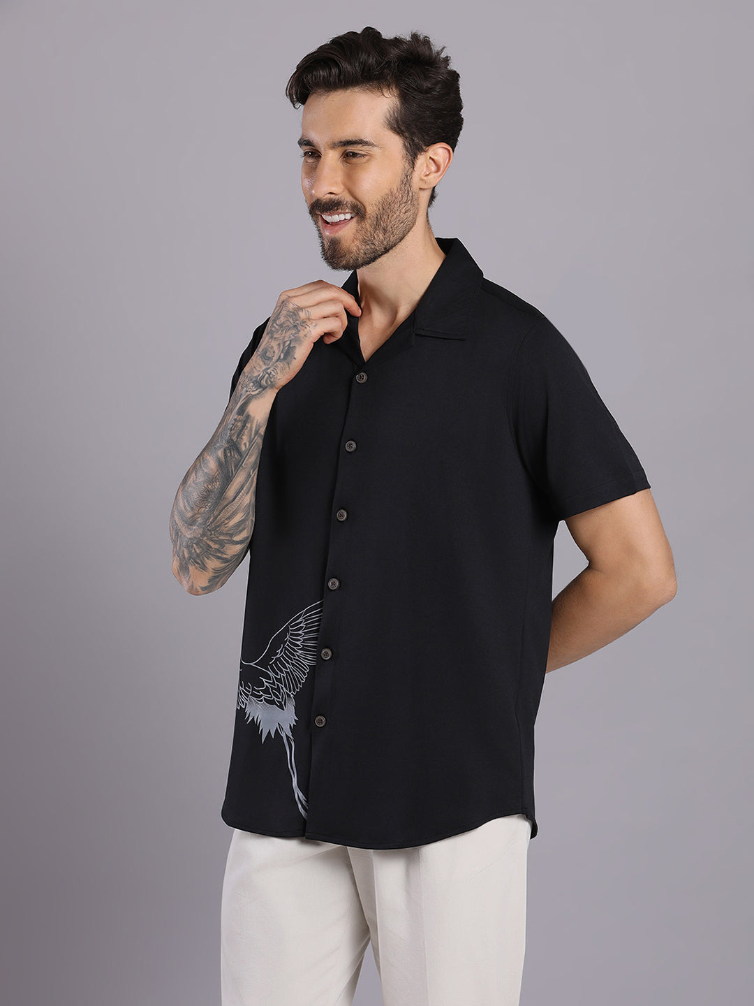 Opaque Printed Knitted Half Sleeve Shirt – Effortless Comfort & Style - Black