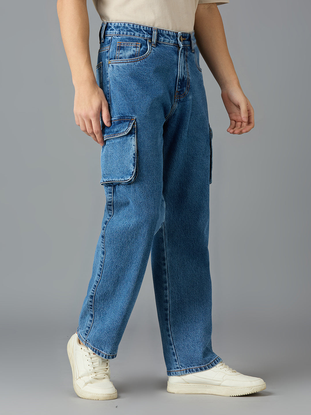 Men Regular Fit Light Fade Blue Cargo Jeans