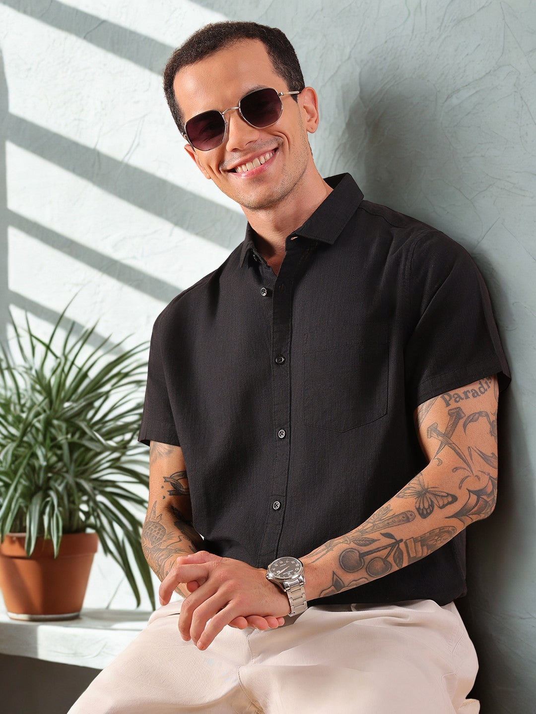 Cotton Linen Half Sleeve Shirt - Regular Fit - Black