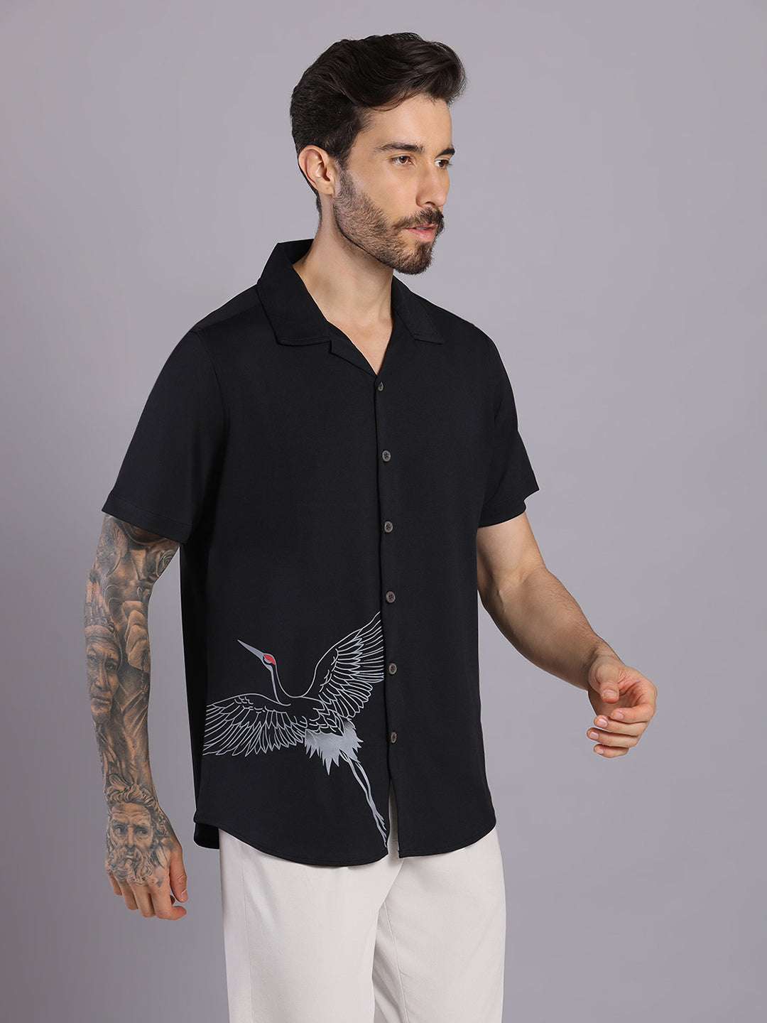 Opaque Printed Knitted Half Sleeve Shirt – Effortless Comfort & Style - Black