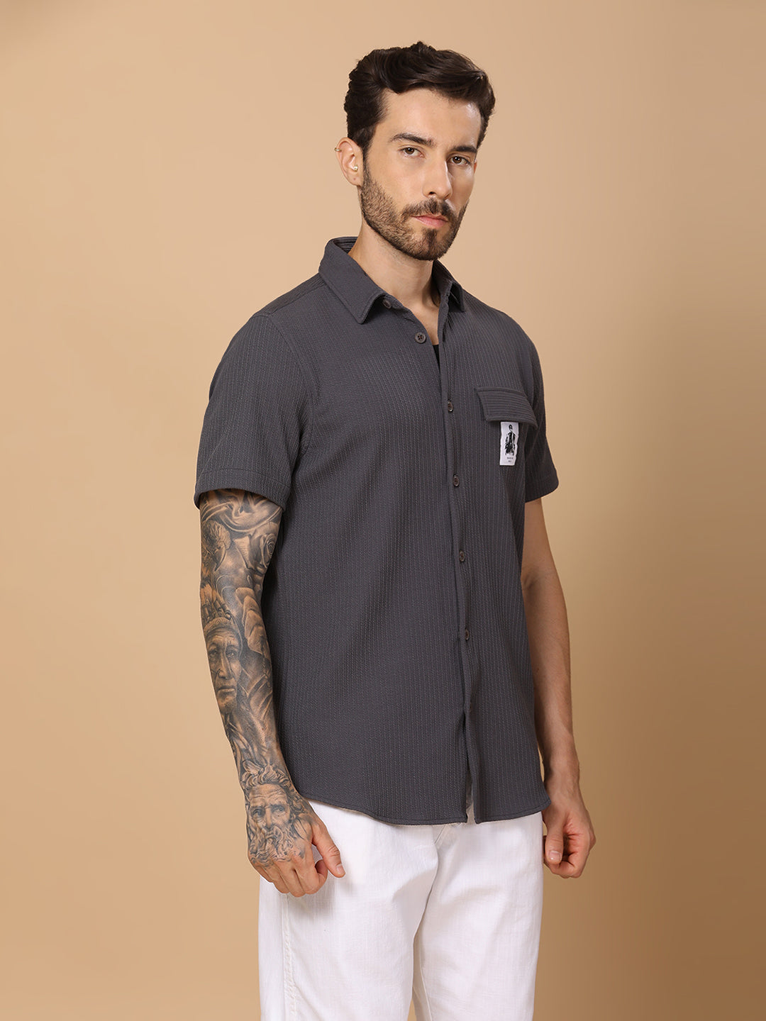 Men’s Casual Half-Sleeve Regular Fit Shirt – Textured Fabric, Curved Hem, Fake Pocket Flap - Dk Grey