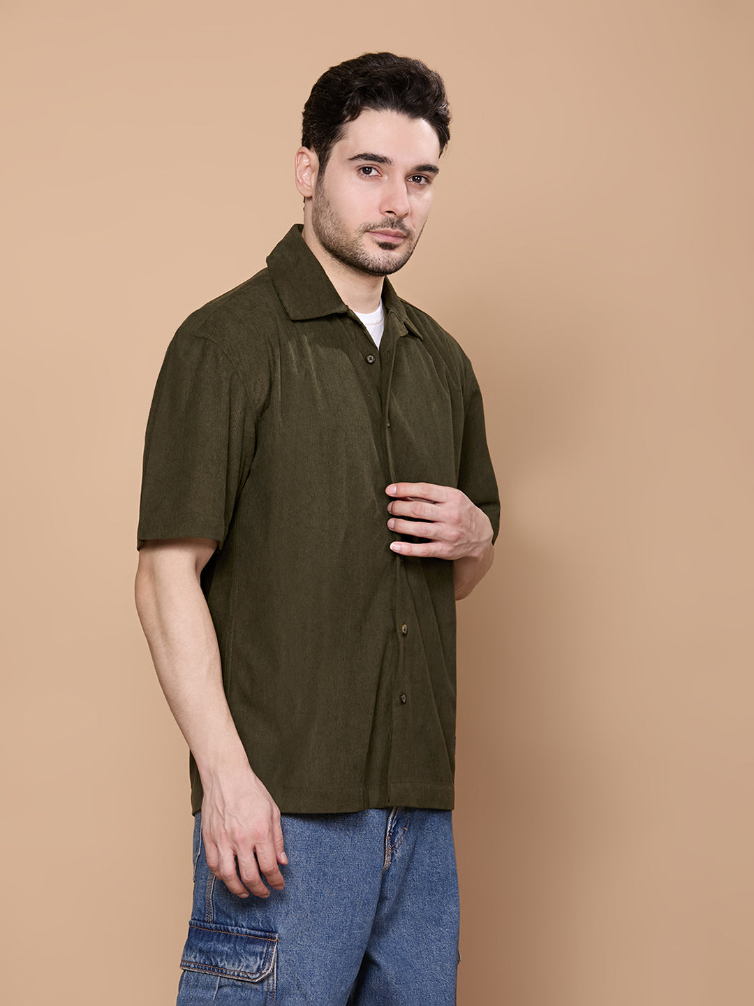 Relaxed Fit Half Sleeve Classic Corduroy Shirt - Olive
