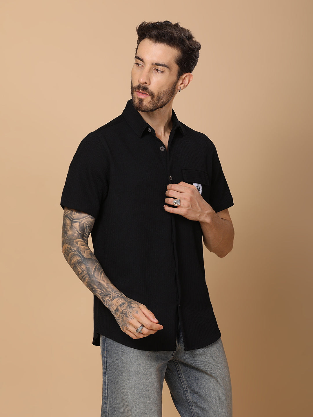 Men’s Casual Half-Sleeve Regular Fit Shirt – Textured Fabric, Curved Hem, Fake Pocket Flap - Black
