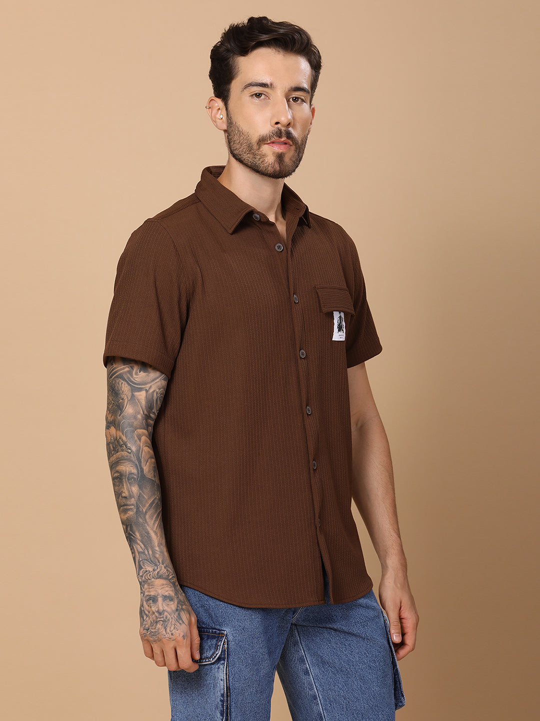 Men’s Casual Half-Sleeve Regular Fit Shirt – Textured Fabric, Curved Hem, Fake Pocket Flap - Brown