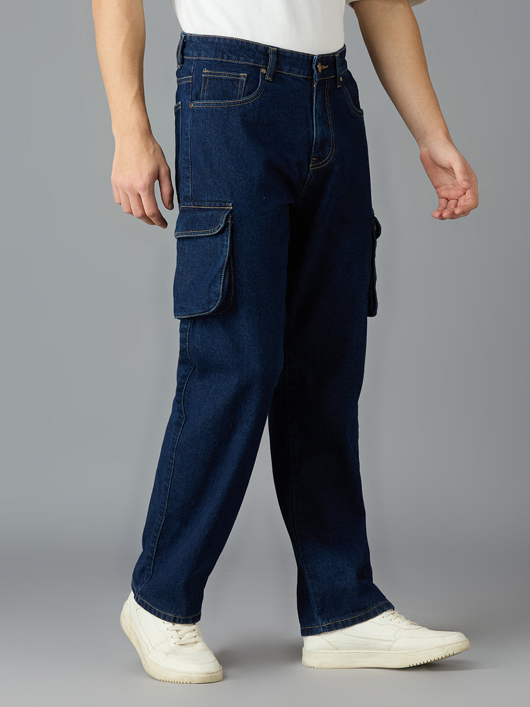 Men's Casual Wear Multi-pocket Regular Fit Navy Blue Cargo Jeans