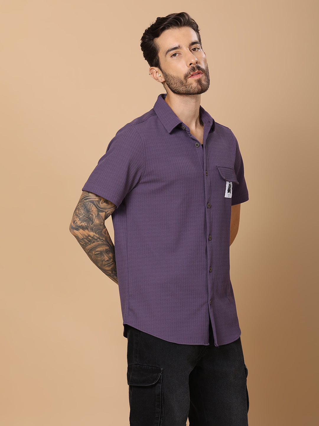 Men’s Casual Half-Sleeve Regular Fit Shirt – Textured Fabric, Curved Hem, Fake Pocket Flap - Purple