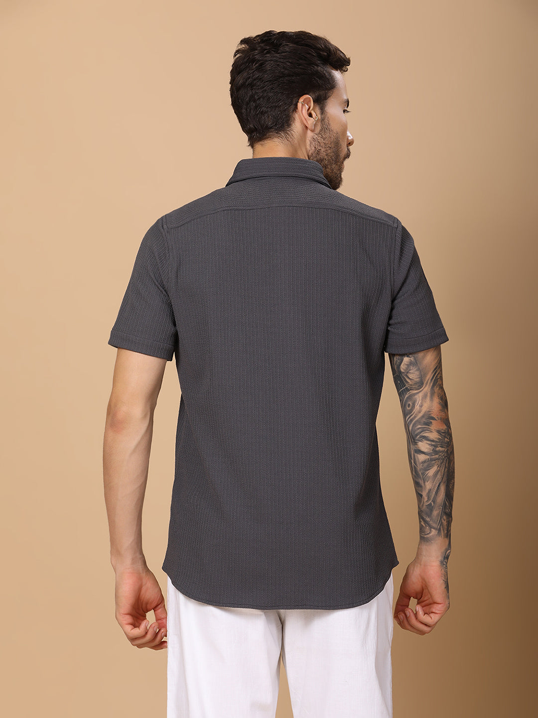 Men’s Casual Half-Sleeve Regular Fit Shirt – Textured Fabric, Curved Hem, Fake Pocket Flap - Dk Grey