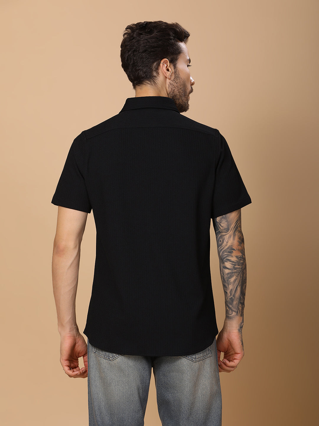 Men’s Casual Half-Sleeve Regular Fit Shirt – Textured Fabric, Curved Hem, Fake Pocket Flap - Black