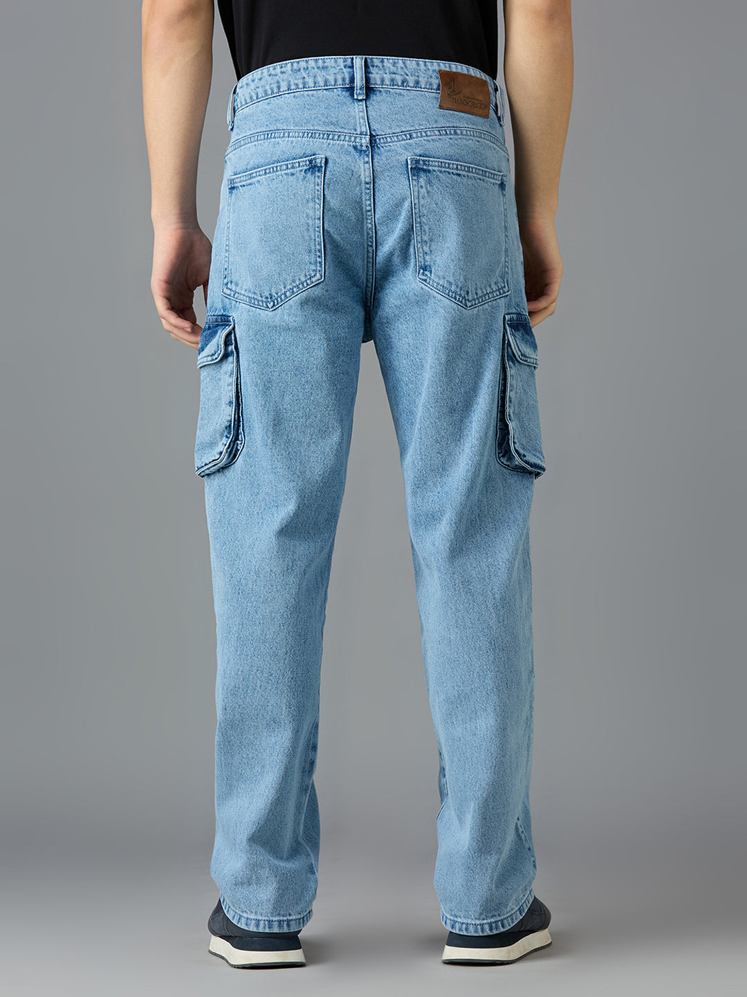 Faded Blue Multi-pocket Cargo Jeans (Men,Blue)