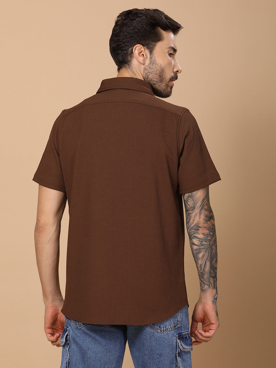 Men’s Casual Half-Sleeve Regular Fit Shirt – Textured Fabric, Curved Hem, Fake Pocket Flap - Brown