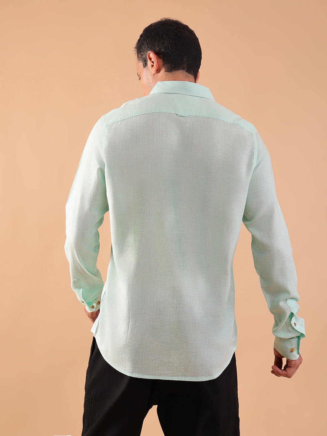 Men's Pure Linen Full Sleeve Shirt - Regular Fit, Cutaway Collar - Aqua