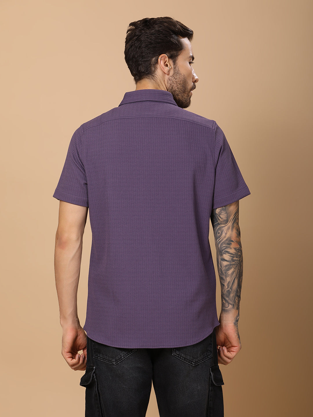 Men’s Casual Half-Sleeve Regular Fit Shirt – Textured Fabric, Curved Hem, Fake Pocket Flap - Purple
