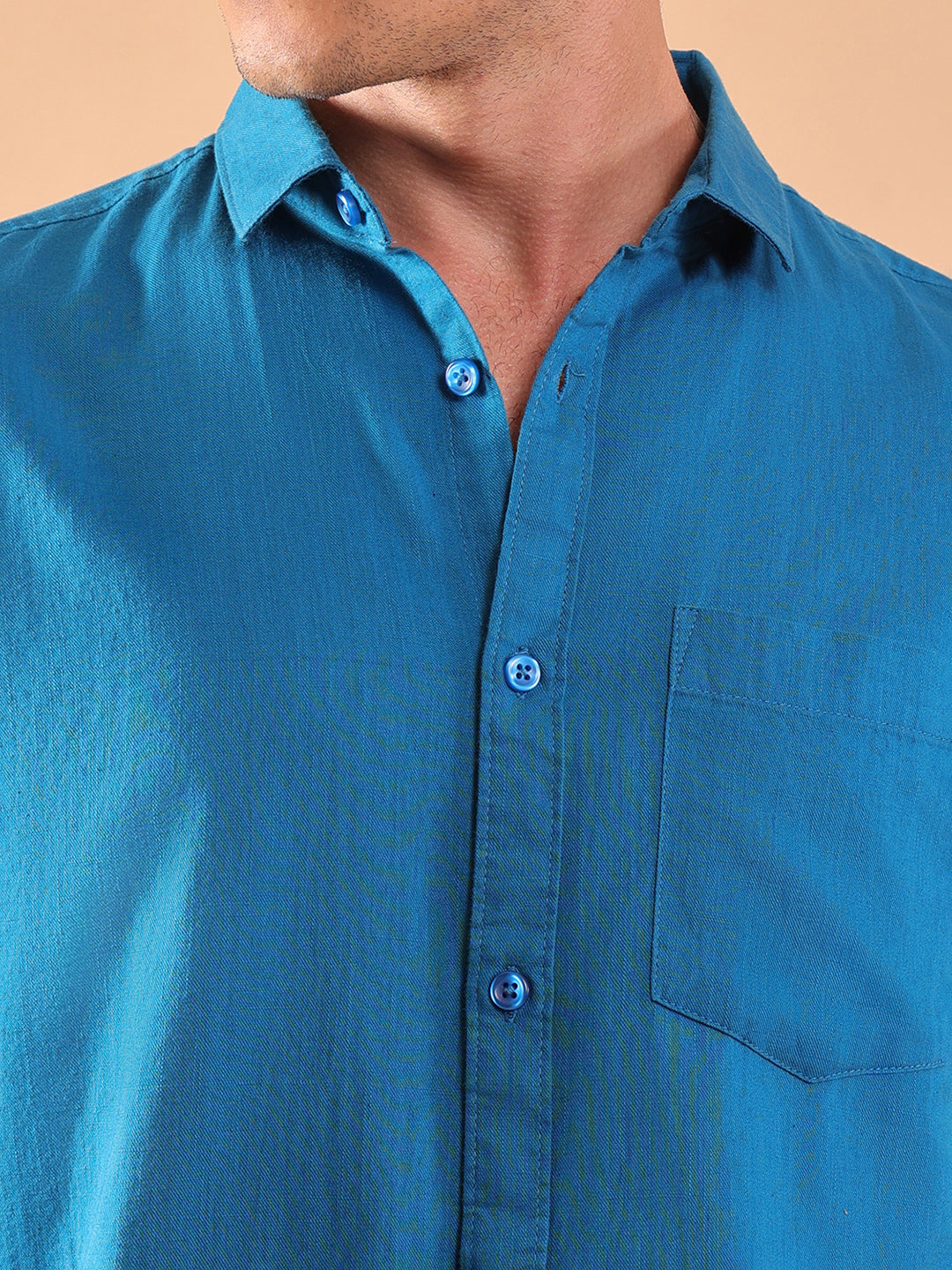 Cotton Linen Half Sleeve Shirt - Regular Fit - Teal