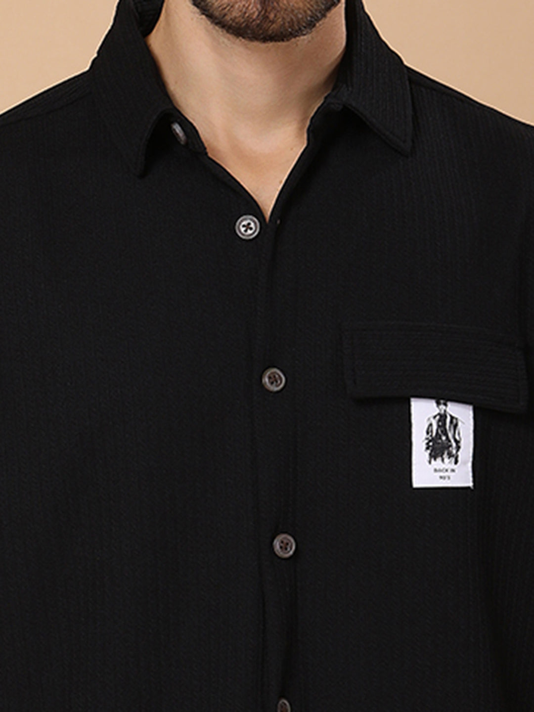 Men’s Casual Half-Sleeve Regular Fit Shirt – Textured Fabric, Curved Hem, Fake Pocket Flap - Black