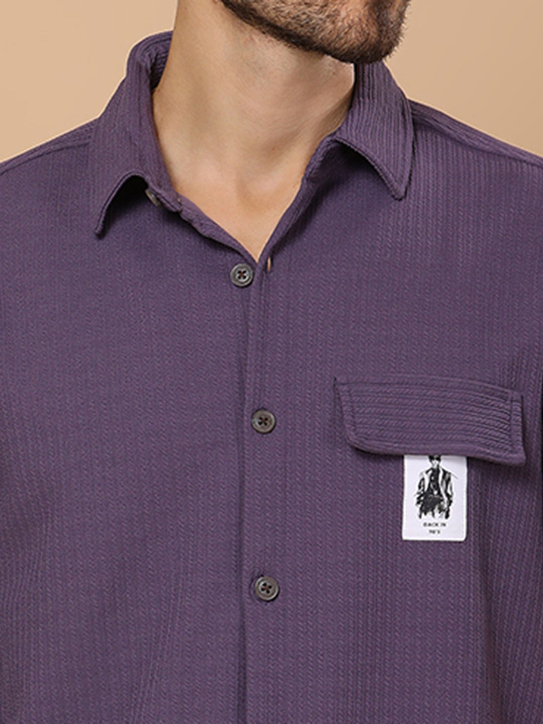 Men’s Casual Half-Sleeve Regular Fit Shirt – Textured Fabric, Curved Hem, Fake Pocket Flap - Purple
