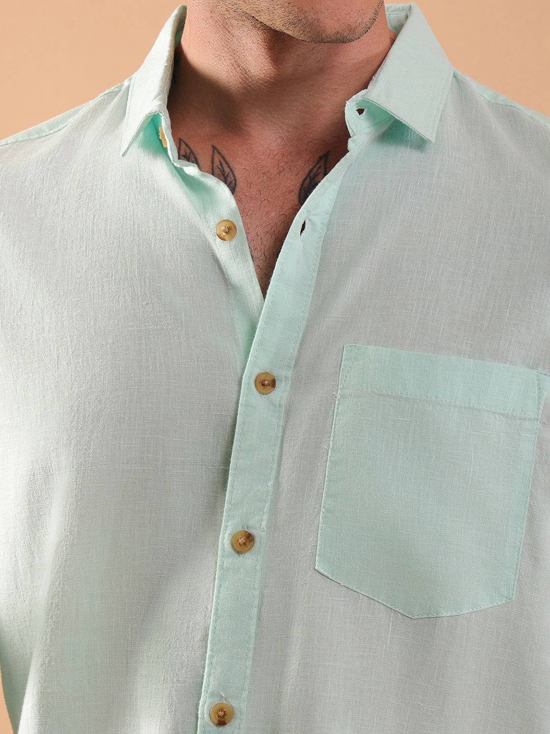 Men's Pure Linen Full Sleeve Shirt - Regular Fit, Cutaway Collar - Aqua