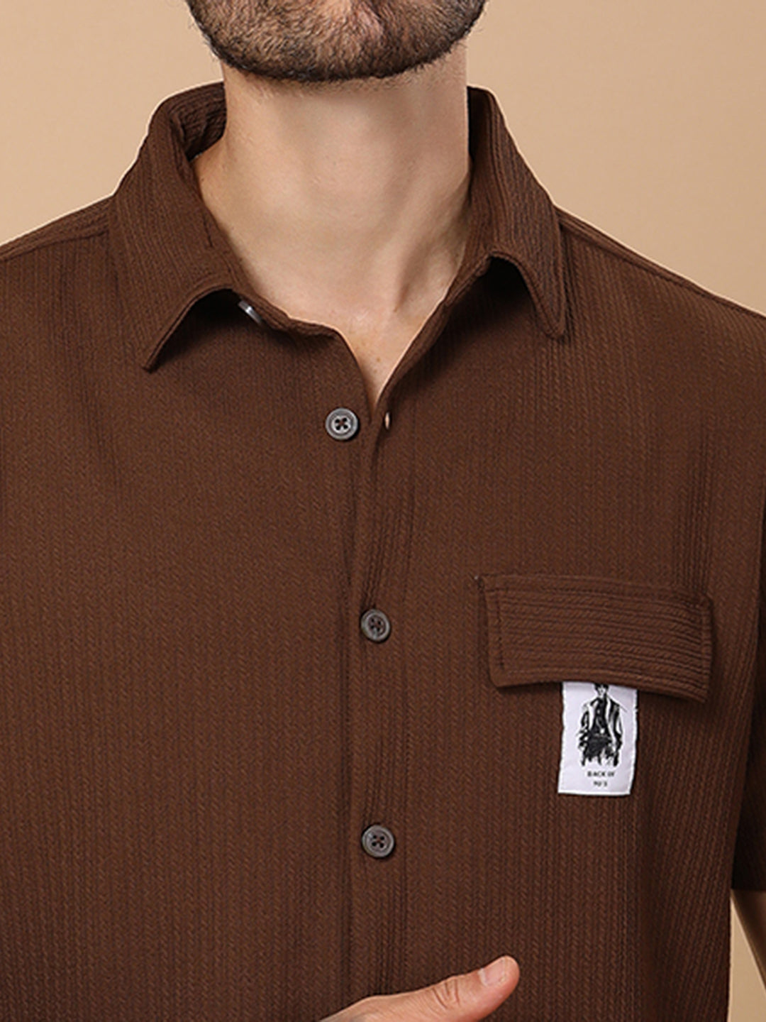 Men’s Casual Half-Sleeve Regular Fit Shirt – Textured Fabric, Curved Hem, Fake Pocket Flap - Brown
