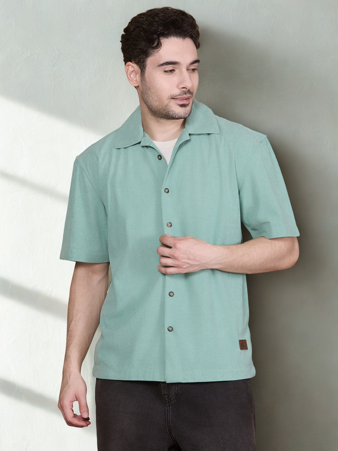 Relaxed Fit Half Sleeve Classic Corduroy Shirt - Green