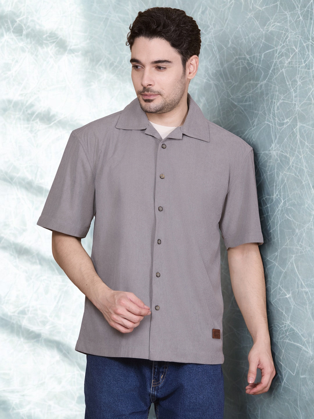 Relaxed Fit Half Sleeve Classic Corduroy Shirt - Light Grey