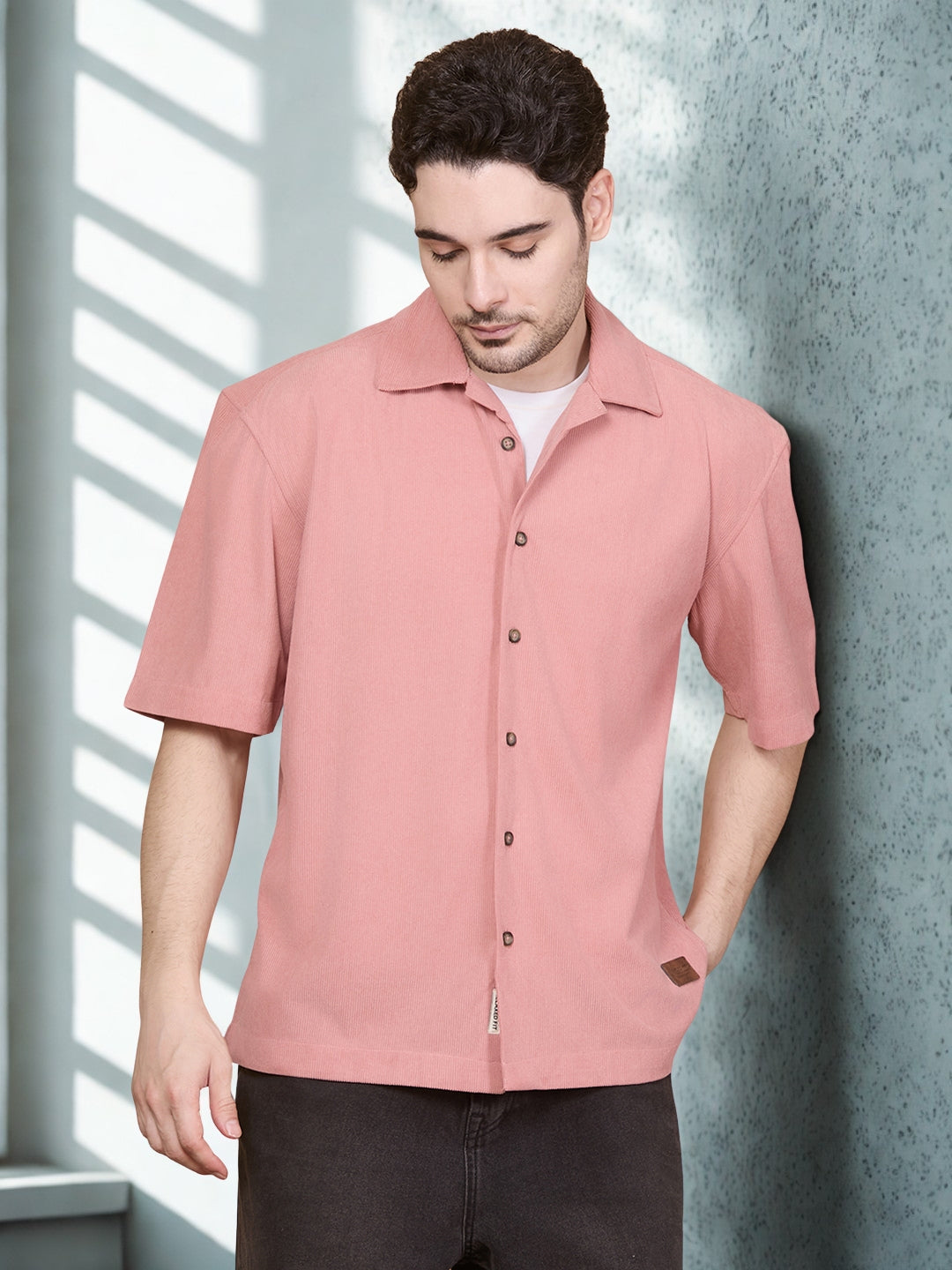 Relaxed Fit Half Sleeve Classic Corduroy Shirt - Peach