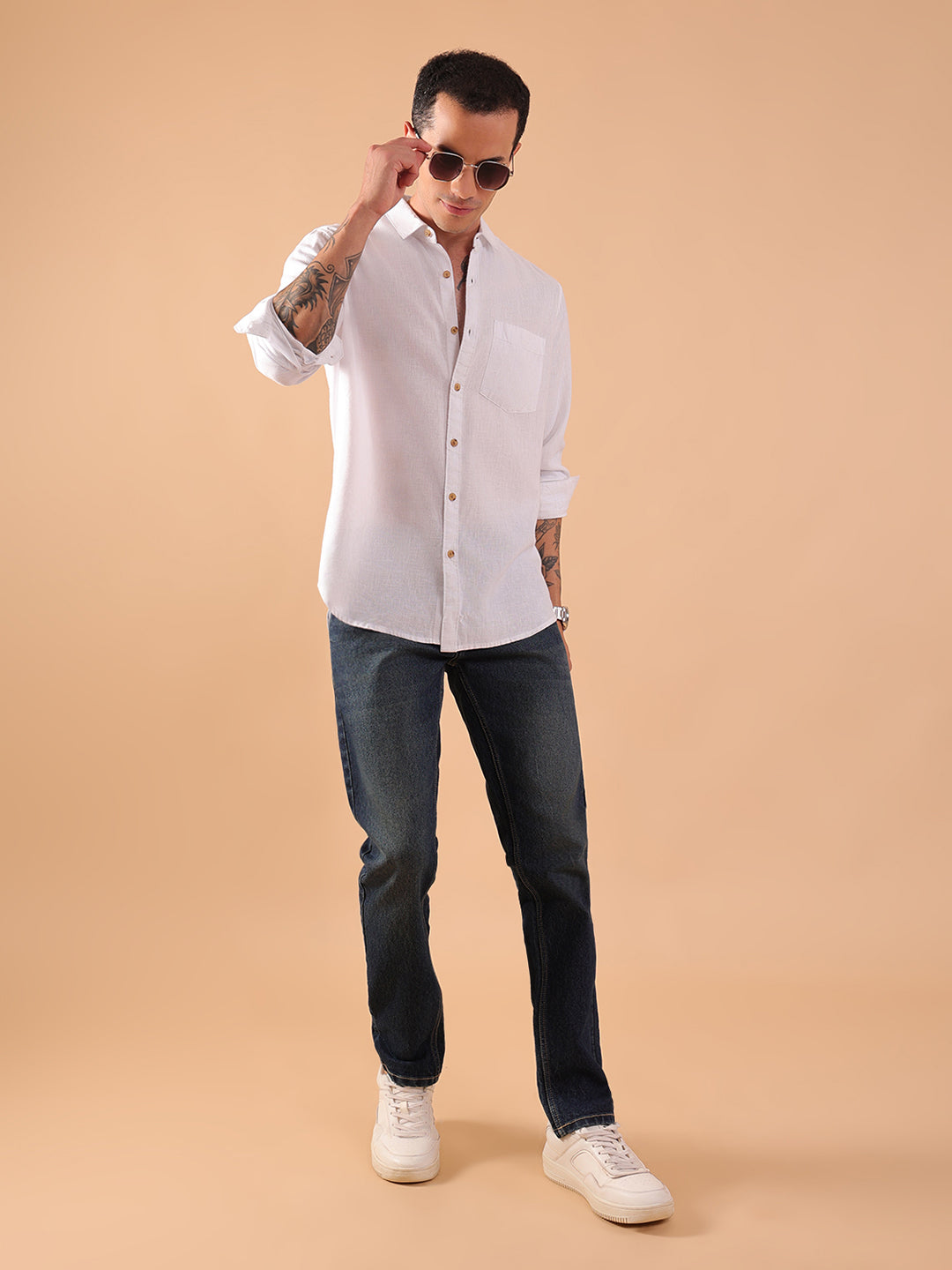 Men's Pure Linen Full Sleeve Shirt - Regular Fit, Cutaway Collar - White