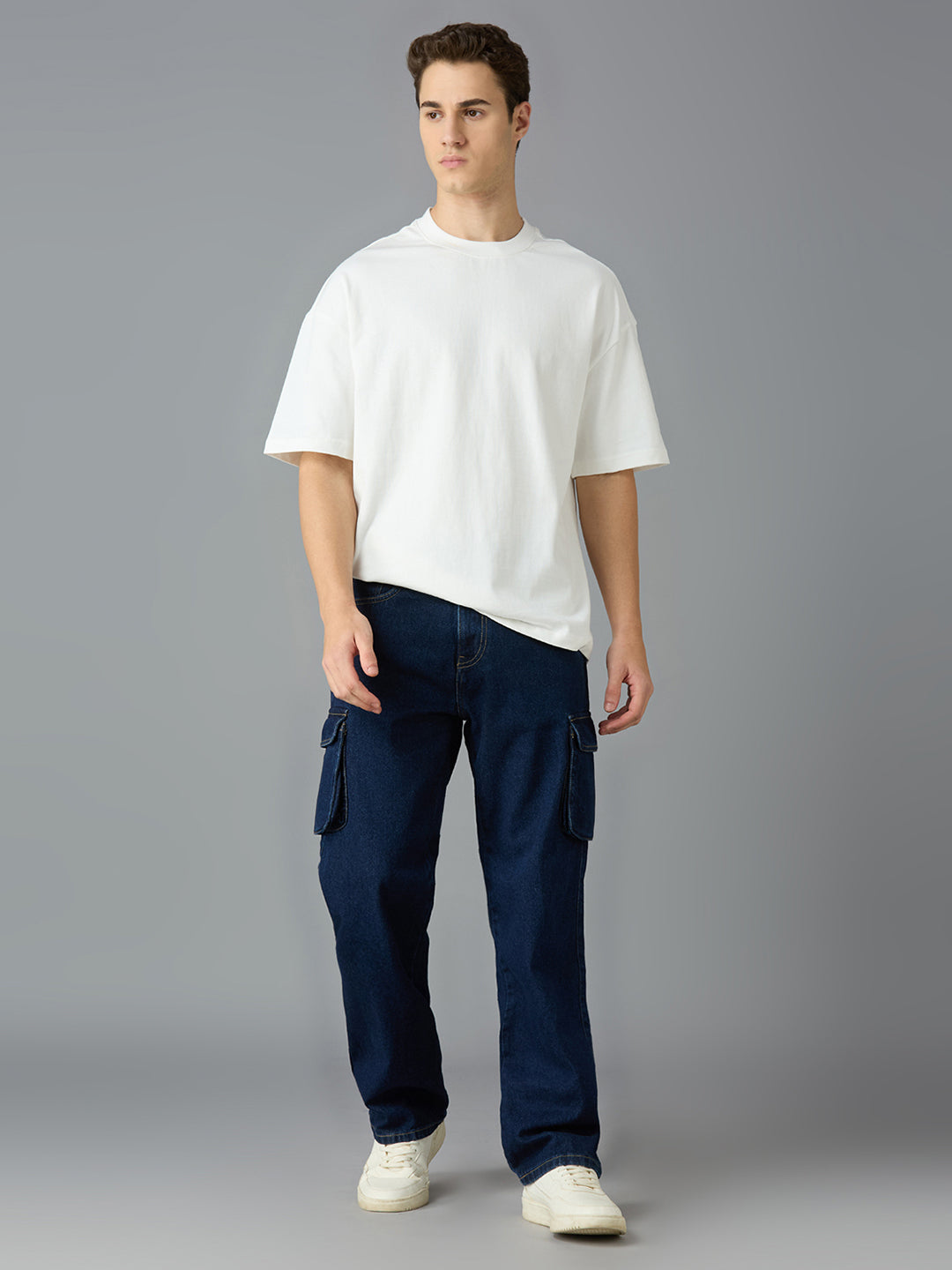 Men's Casual Wear Multi-pocket Regular Fit Navy Blue Cargo Jeans