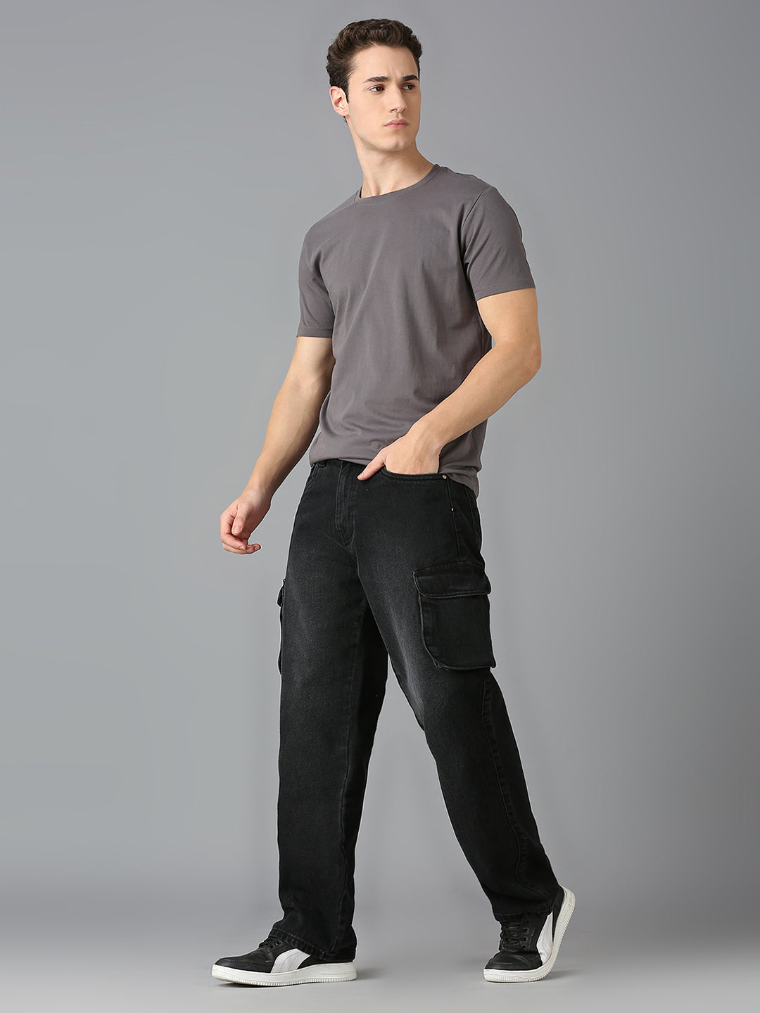 Men Stone wash Multi-pocket Cargo Jeans - Charcoal Black