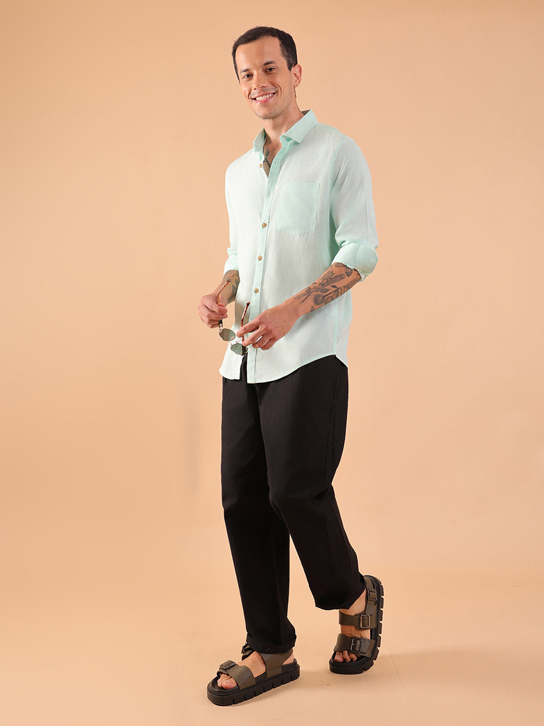 Men's Pure Linen Full Sleeve Shirt - Regular Fit, Cutaway Collar - Aqua
