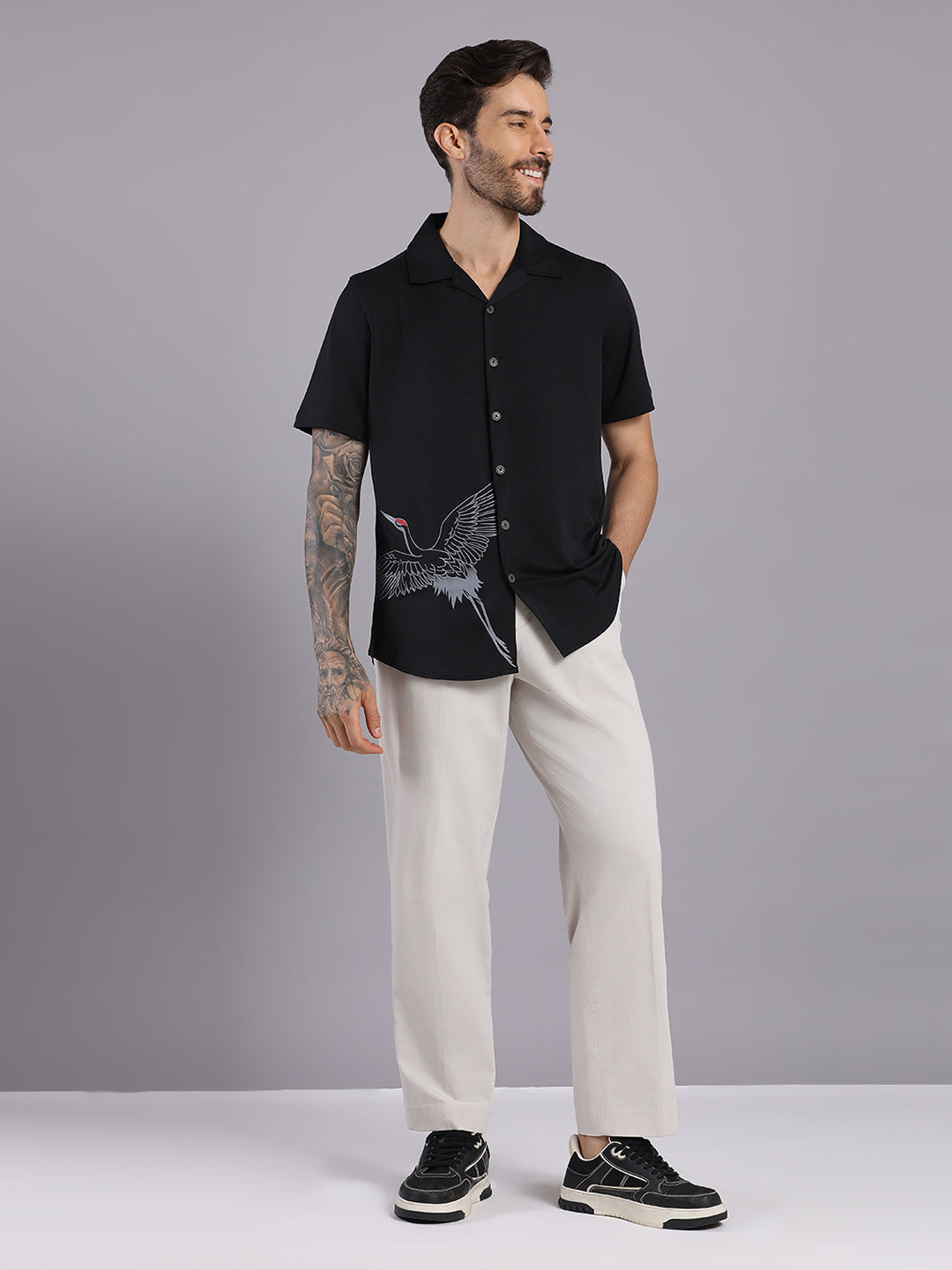 Opaque Printed Knitted Half Sleeve Shirt – Effortless Comfort & Style - Black