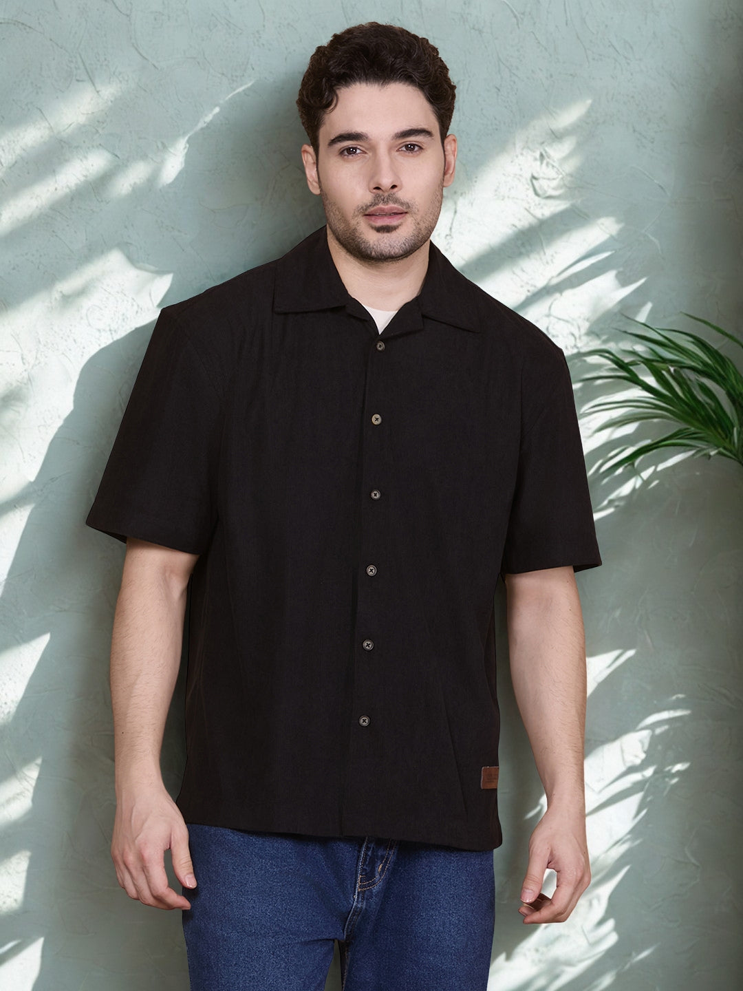 Relaxed Fit Half Sleeve Classic Corduroy Shirt - Black