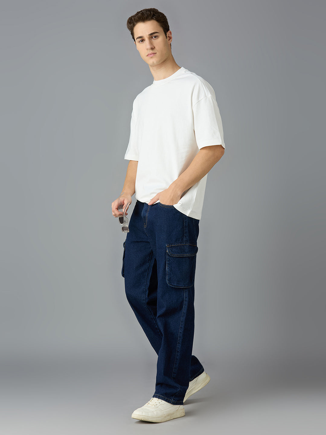 Men's Casual Wear Multi-pocket Regular Fit Navy Blue Cargo Jeans