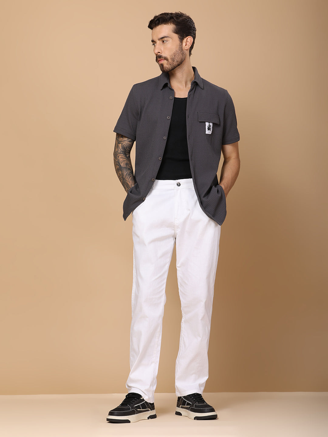 Men’s Casual Half-Sleeve Regular Fit Shirt – Textured Fabric, Curved Hem, Fake Pocket Flap - Dk Grey