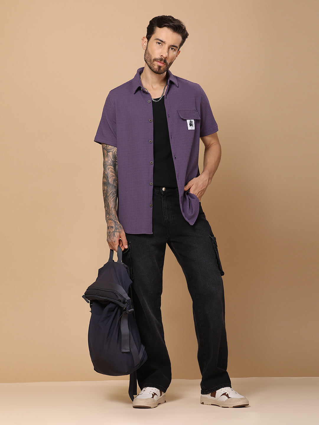 Men’s Casual Half-Sleeve Regular Fit Shirt – Textured Fabric, Curved Hem, Fake Pocket Flap - Purple