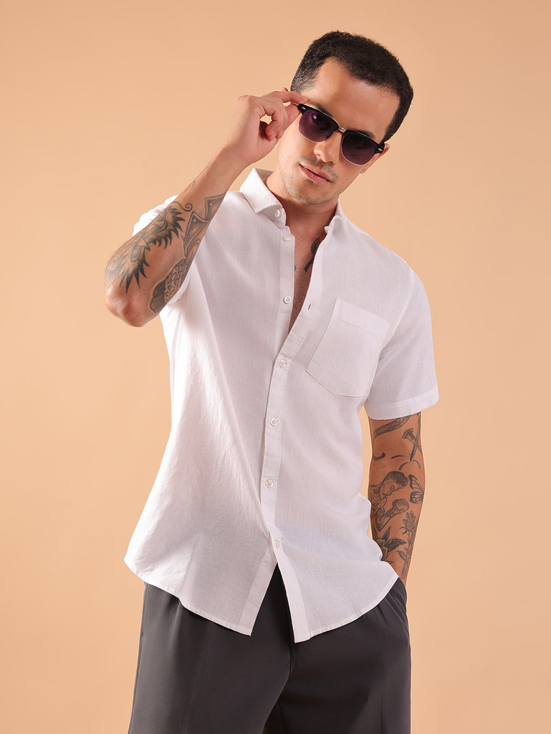 Cotton Linen Half Sleeve Shirt - Regular Fit - White
