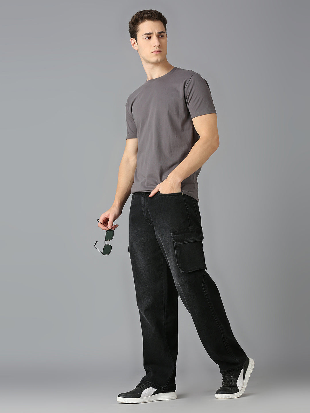 Men Stone wash Multi-pocket Cargo Jeans - Charcoal Black